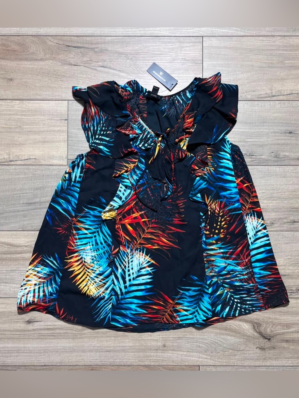 Worthington Womens Palm Print Ruffled Semi-Sheer Tank Top Size Medium Tall